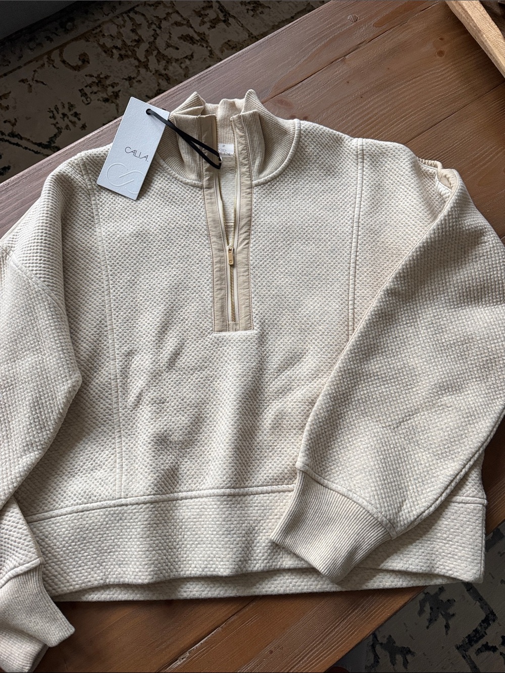 Calia Cream Quarter-Zip Textured Sweater